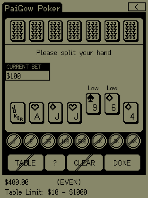 PaiGow Poker Classic interface